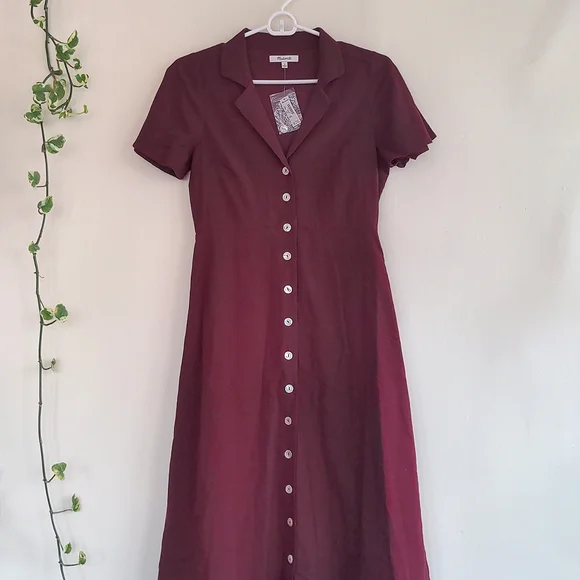 NWT Madewell | Crinkle Cotton Button-Front Midi Dress in Burgundy Size 0 - Picture 8 of 11